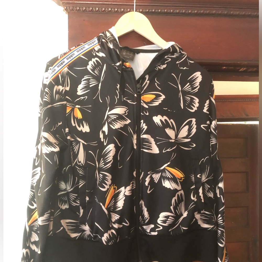 Adidas print butterfly track jacket with hood and sleeve logos